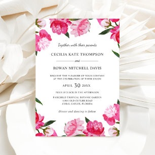 Vibrant Pink Watercolor Peony Border Wedding Invitation