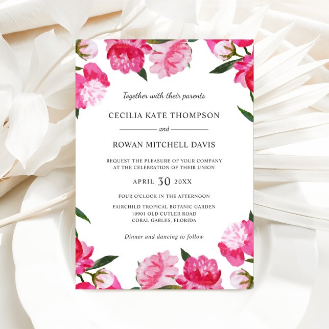 Vibrant Pink Watercolor Peony Border Wedding Invitation (Creator Uploaded)