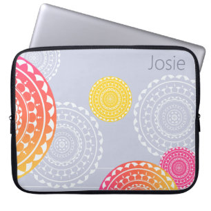 Vibrant Pink Yellow Random Mandala on Blue Name Laptop Sleeve