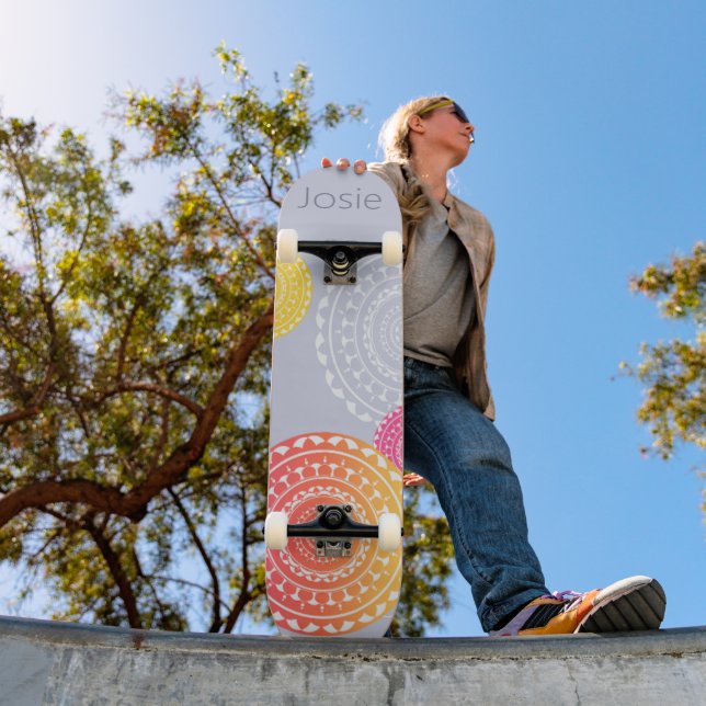 Vibrant Pink Yellow Random Mandala on Blue Name  Skateboard (Outdoor 1)