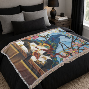 Vibrant Playful Calico Red Dragon Fantasy Throw Blanket