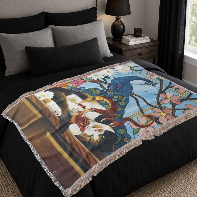 Vibrant Playful Calico Red Dragon Fantasy Throw Blanket (Creator Uploaded)