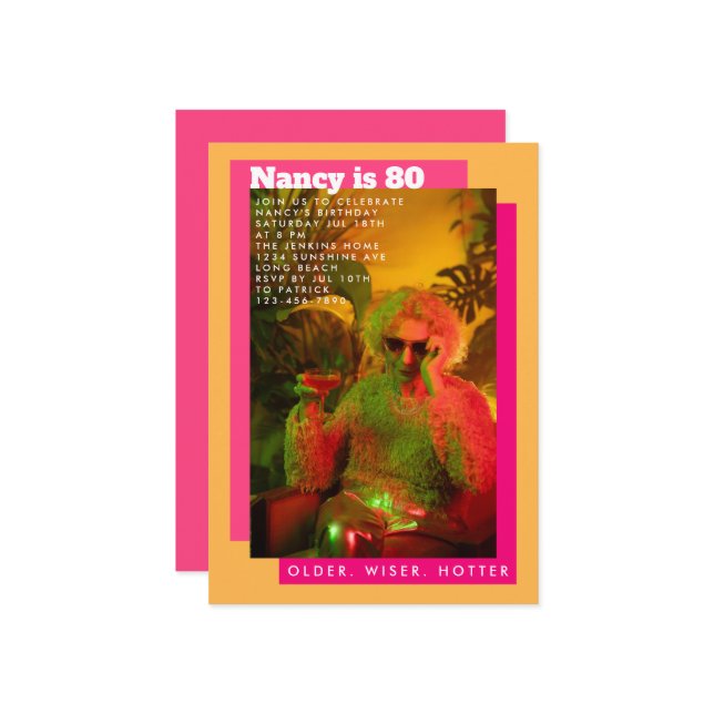 Vibrant Playful Pink &Yellow Photo Senior Birthday Invitation (Front/Back In Situ)