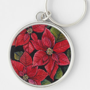 Vibrant Poinsettia In Watercolor  Key Ring