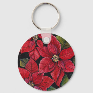 Vibrant Poinsettia In Watercolor  Key Ring