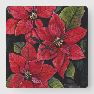 Vibrant Poinsettia In Watercolor  Square Wall Clock
