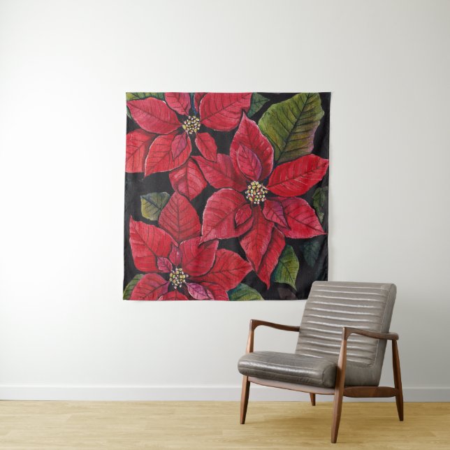 Vibrant Poinsettia In Watercolor  Tapestry (In Situ)