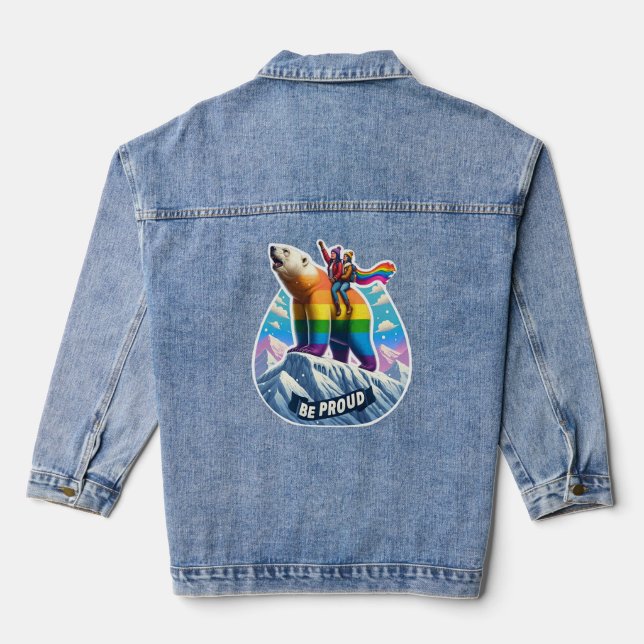 Vibrant polar bear Perched on mountain with girls Denim Jacket (Back)