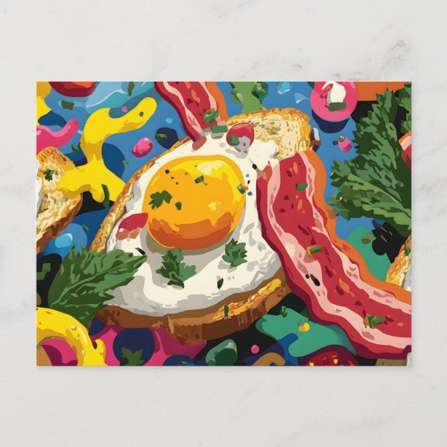 Vibrant Pop Art Abstract Pattern of Eggs and Bacon Postcard (Front)