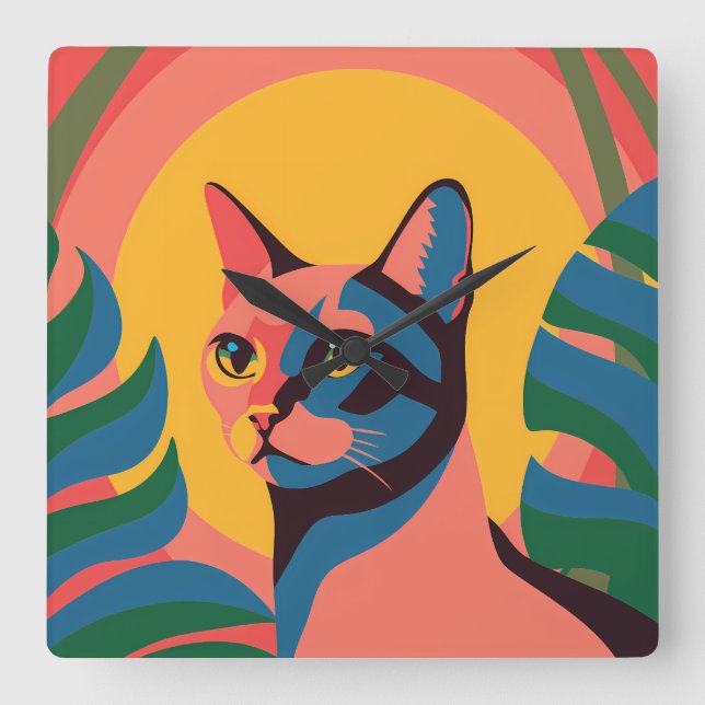 Vibrant Pop Art Cat Portrait Square Wall Clock (Front)