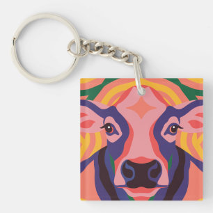 Vibrant Pop Art Cow Face Portrait Key Ring