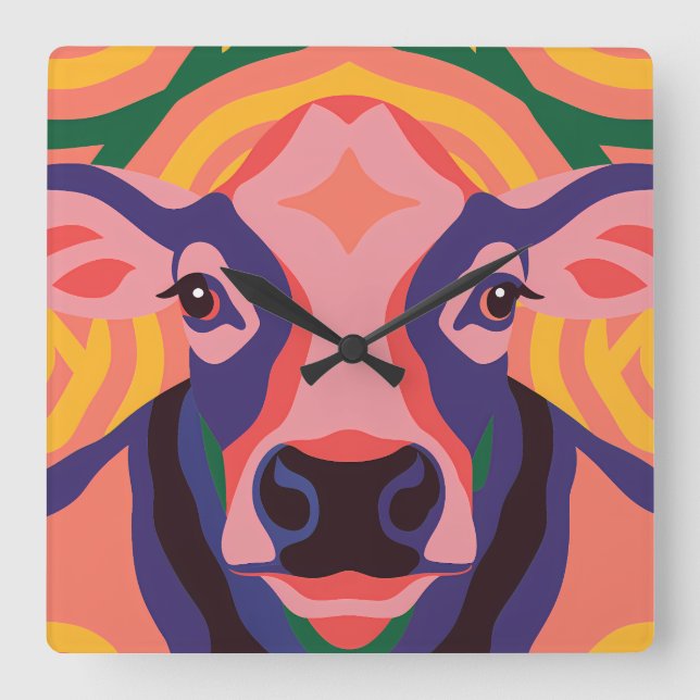 Vibrant Pop Art Cow Face Portrait Square Wall Clock (Front)