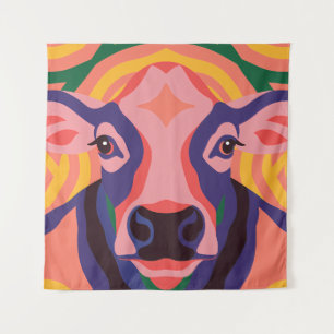 Vibrant Pop Art Cow Face Portrait Tapestry