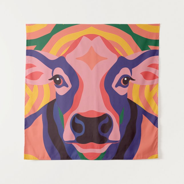 Vibrant Pop Art Cow Face Portrait Tapestry (Front)