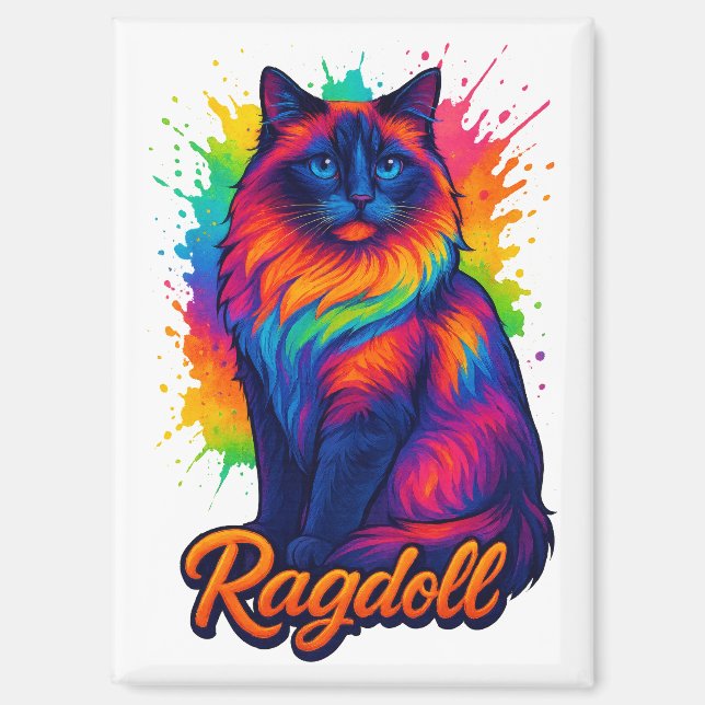 Vibrant Pop-Art Ragdoll Cat – Colourful Neon Stree Magnet (Front)