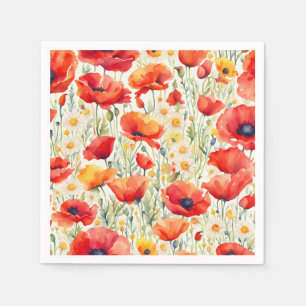 Vibrant Poppies and Daisies Watercolor Pattern  Napkin