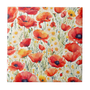 Vibrant Poppies and Daisies Watercolor Pattern Tile