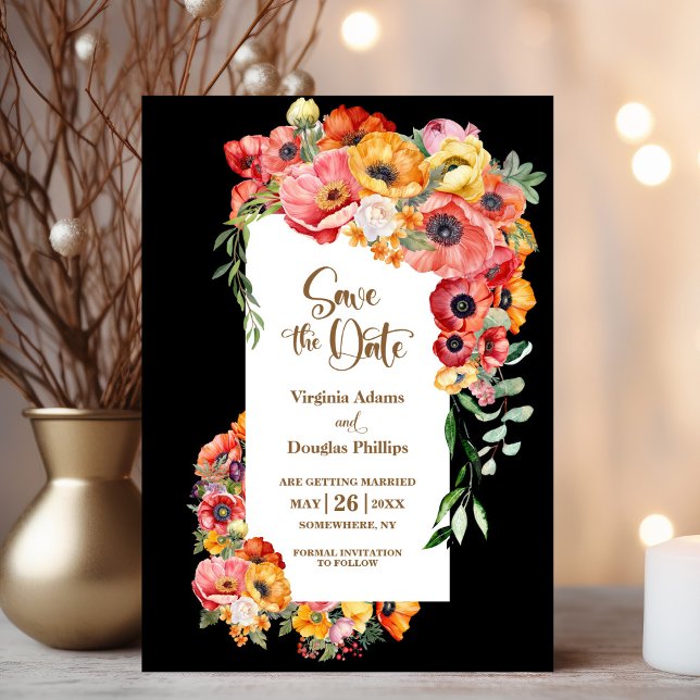Vibrant Poppies Black Wedding Save the Date (Creator Uploaded)