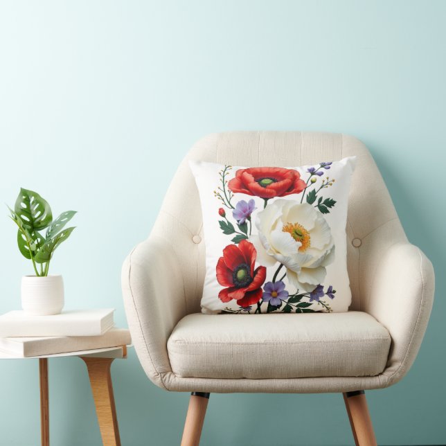 Vibrant Poppy Bouquet Art  Cushion (Chair)