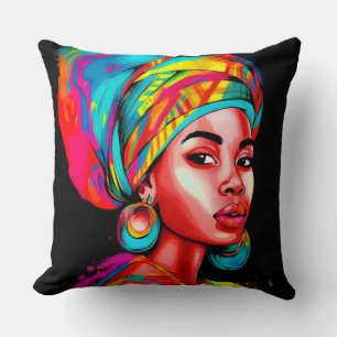Vibrant Portrait with Colourful Headwrap  Cushion