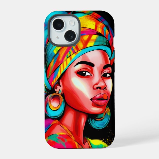 Vibrant Portrait with Colourful Headwrap  iPhone 15 Case (Back)