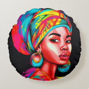 Vibrant Portrait with Colourful Headwrap  Round Cushion