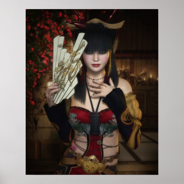 Vibrant Poster of Lady Under Blossoms with Fan (Front)