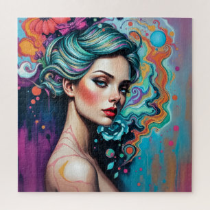 Vibrant Psychedelic Beauty Portrait-Artistic Woman Jigsaw Puzzle