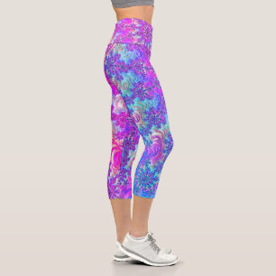 Vibrant Psychedelic Colourful Groovy Fractal Burst Capri Leggings