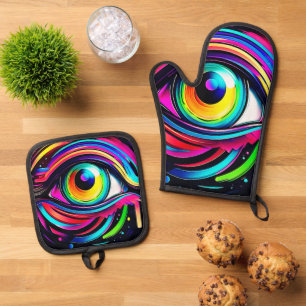 Vibrant Psychedelic Eye Art Oven Mitt & Pot Holder Set