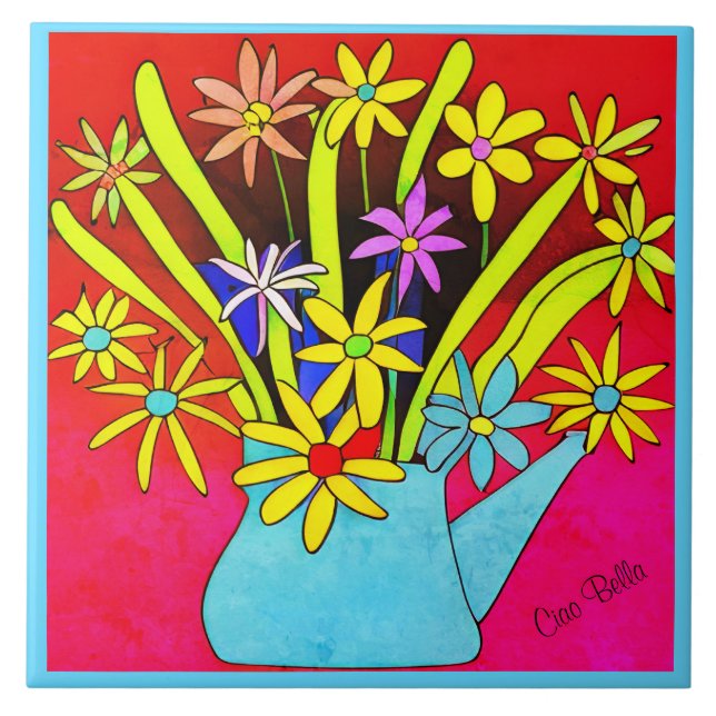 Vibrant Psychedelic Flowers in a Blue Vase  Tile (Front)