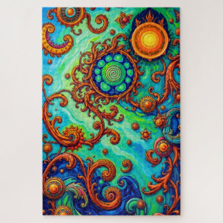 Vibrant Psychedelic Ocean Art - Abstract Waves Jigsaw Puzzle