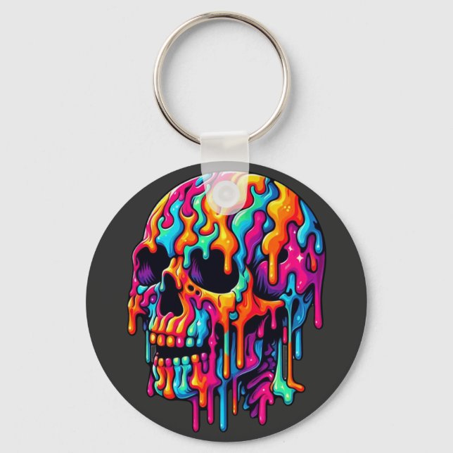 Vibrant Psychedelic Skull Key Ring (Front)