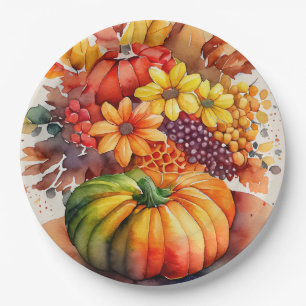Vibrant Pumpkin Bouquet Gold Autumn Harvest Paper Plate