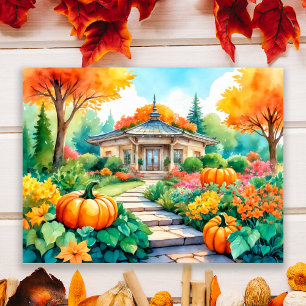 Vibrant pumpkin garden of autumn floral foliage poster