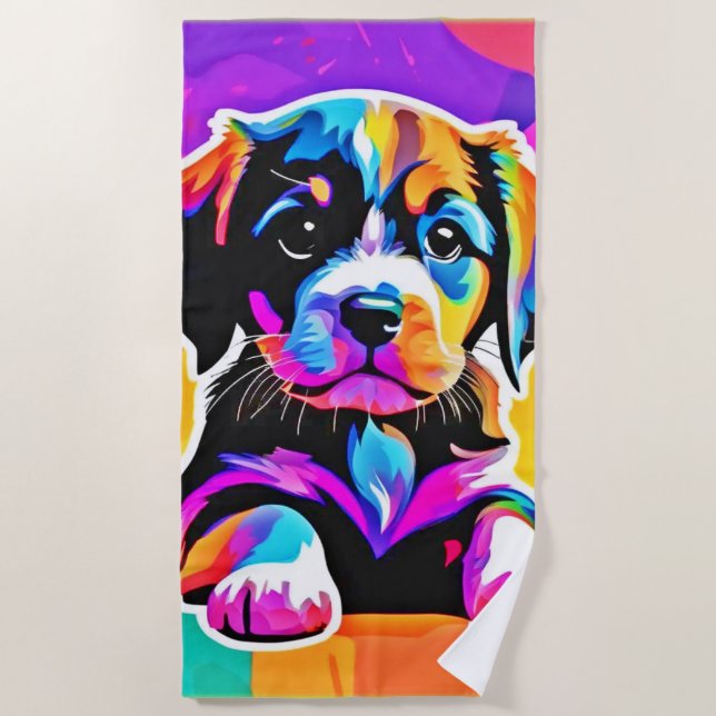 Vibrant Puppy Artwork Beach Towel (Front)