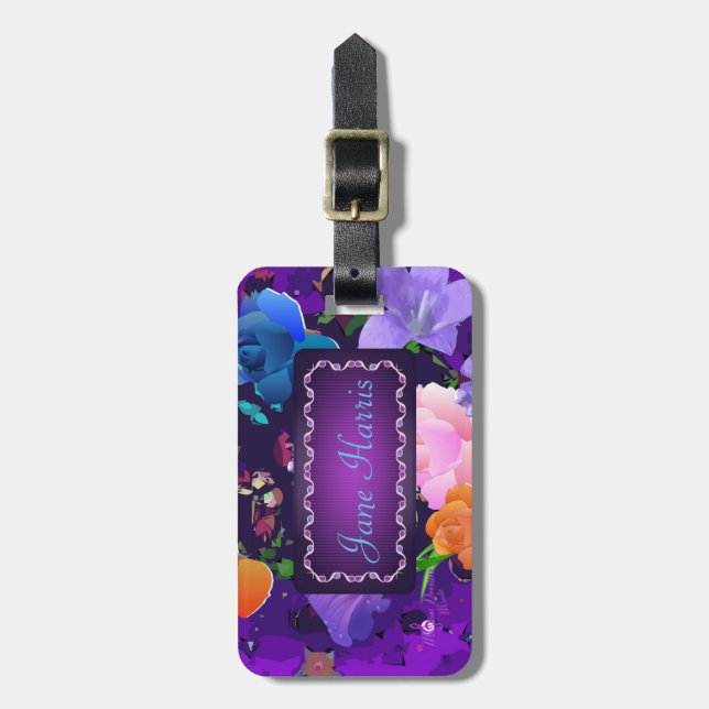 Vibrant Purple Abstract Floral Custom Luggage Tag (Front Vertical)