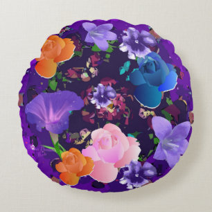 Vibrant Purple Abstract Floral Round Pillow
