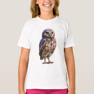 Vibrant Purple and Gold Whimsical Spotted Owl Kids T-Shirt