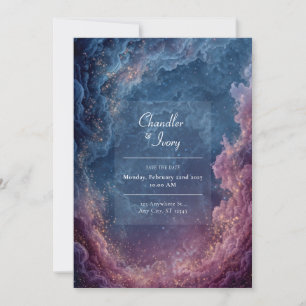 Vibrant Purple and Navy Celestial Nebula Wedding Invitation