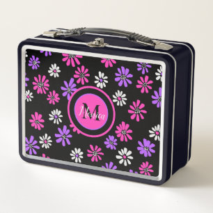 Vibrant Purple and Pink Flowers Monogram  Metal Lunch Box