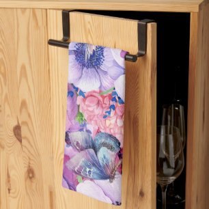 Vibrant purple and pink flowers tea towel