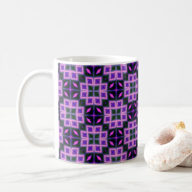 Vibrant Purple and Pink Geometric Diamond Pattern  Coffee Mug (With Donut)