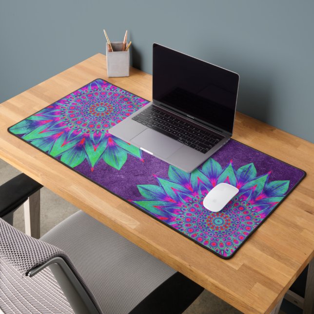 Vibrant Purple and Teal Mandala Flowers Nature Zen Desk Mat (Office 2)