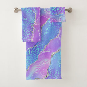 Vibrant Purple Blue Geode & Silver Leopard Print Bath Towel Set