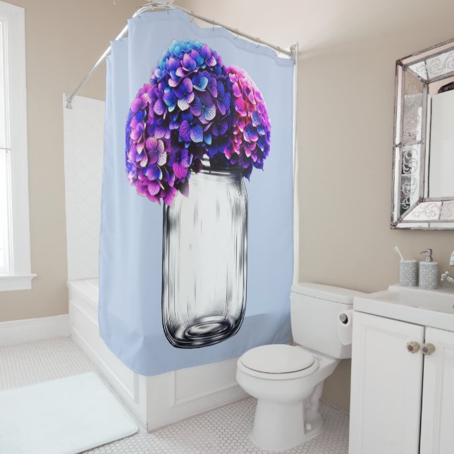 Vibrant Purple Blue Pink Hydrangea Floral Shower Curtain (In Situ)