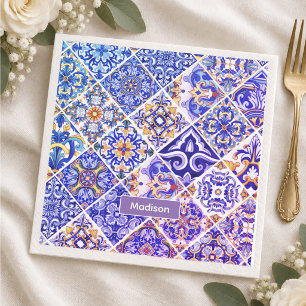 Vibrant Purple Blue Talavera Mediterranean Tile Napkin