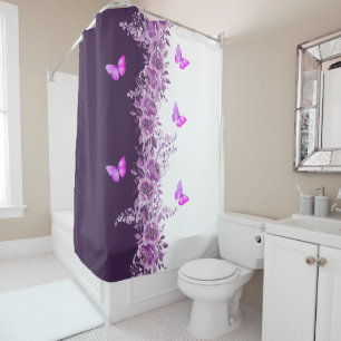 Vibrant Purple Butterfly and Floral  Shower Curtain