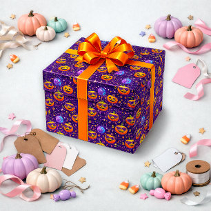 Vibrant Purple Cosmic Pumpkin Pattern Wrapping Paper
