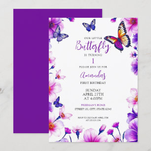 Vibrant Purple Floral Butterflies 1st Birthday Invitation